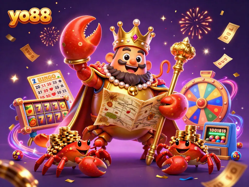Engage in thrilling gameplay at yo88 with a dynamic scene depicting a golden crab emperor amidst vibrant casino elements.