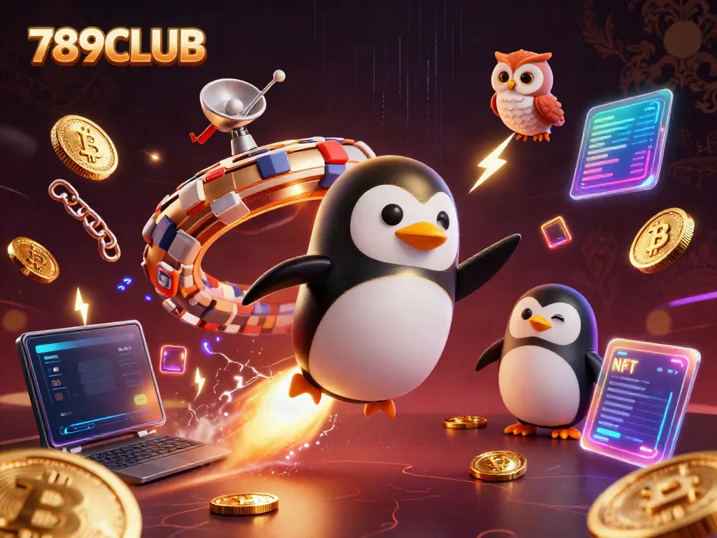 Engage with 789CLUB's dynamic golden penguin as it blasts towards a poker chip casino, showcasing vibrant crypto elements.