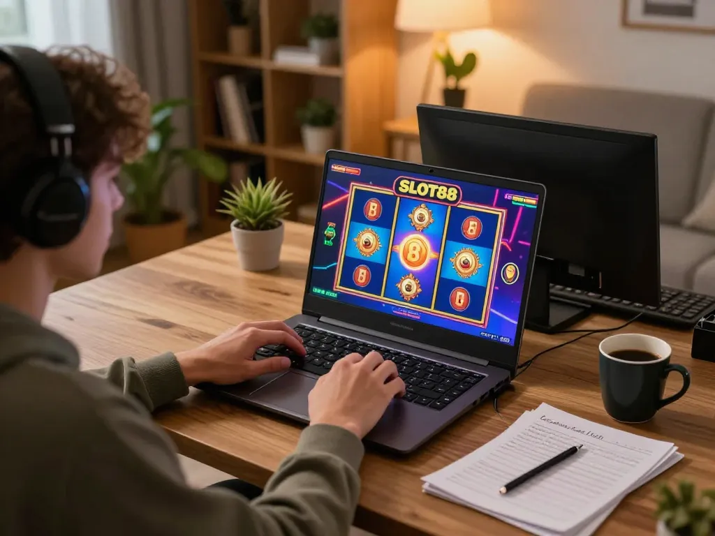 Engaging in SLOT88 gameplay on a laptop, highlighting vibrant visuals and strategic setup.