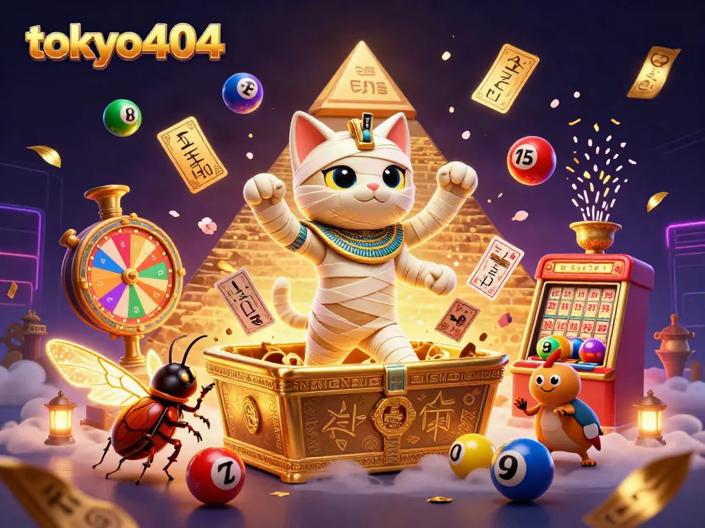 Experience tokyo404 thrills with a vibrant Egyptian mummy cat and casino elements.