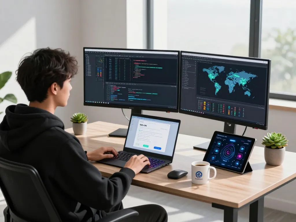 快连 VPN software displayed on monitors in a modern tech workspace, showcasing advanced network analytics and coding.