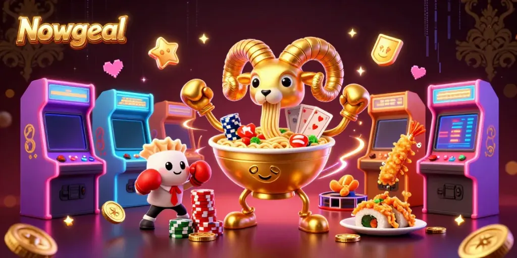 Nowgoal offers engaging live betting experiences with vibrant illustrations of playful characters and casino elements.