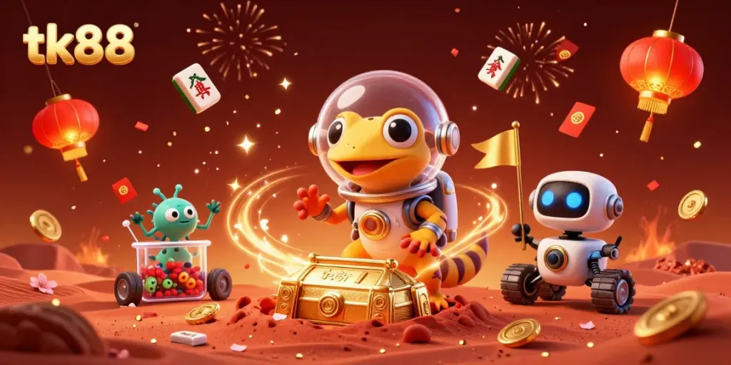 tk88 Martian gecko explores a golden casino with dynamic game elements celebrating