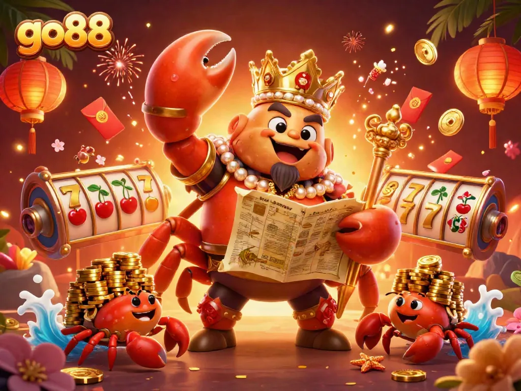 Experience thrilling action in go88 with a golden crab emperor and slot reels amidst fireworks.