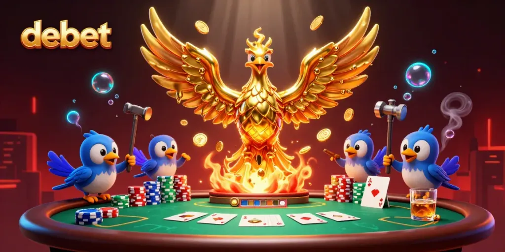 Experience gambling excitement with a golden phoenix and poker elements at debet's vibrant casino.