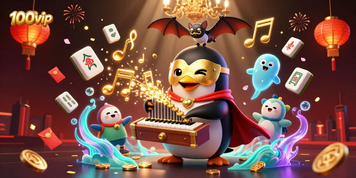 Engage with 100vip as the phantom opera penguin orchestrates a vibrant casino scene full of animated elements, celebrating online gaming excitement.