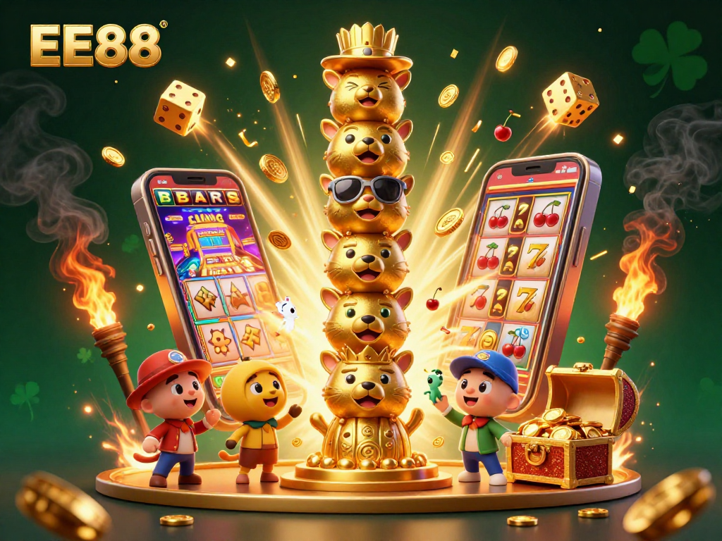 Experience thrilling moments with EE88 at a vibrant casino illustration featuring epic jackpot scenes and dynamic game elements.