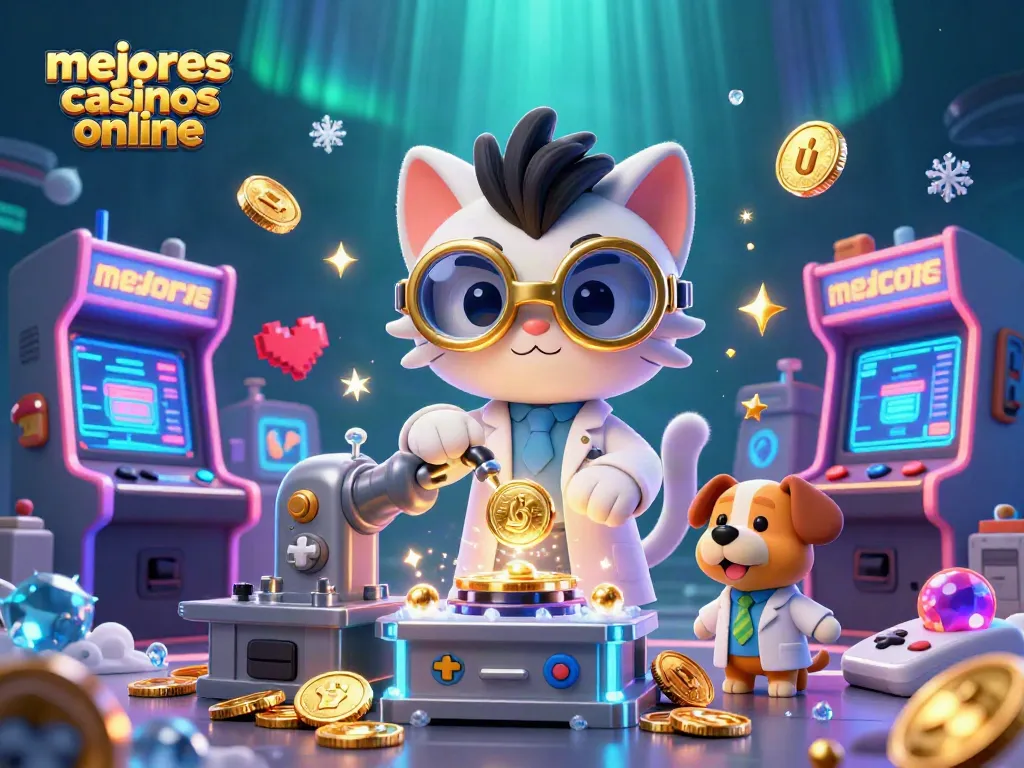 Descubre los mejores casinos online mientras juegan un gato científico y su perro asistente en un laboratorio lleno de oro.