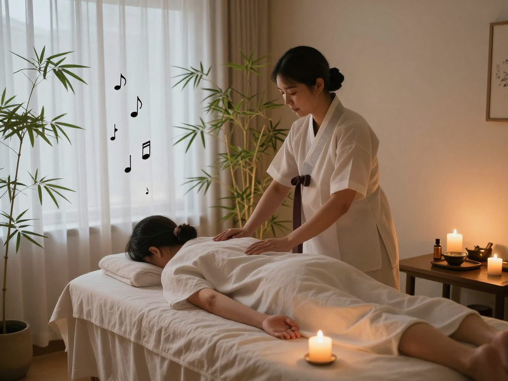 Soothing 서울출장마사지 session in a tranquil spa with warm lights and calming elements