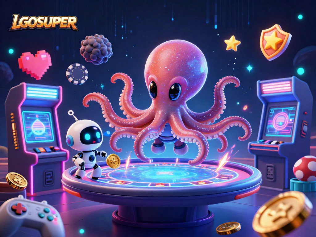 Engage in exhilarating gaming at LGOSUPER with alien octopus at a holographic poker table.