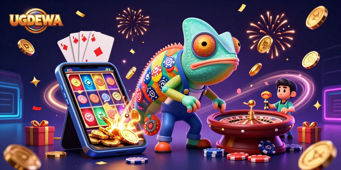 UGDEWA casino owner chameleon captures golden coins amidst a vibrant gaming scene