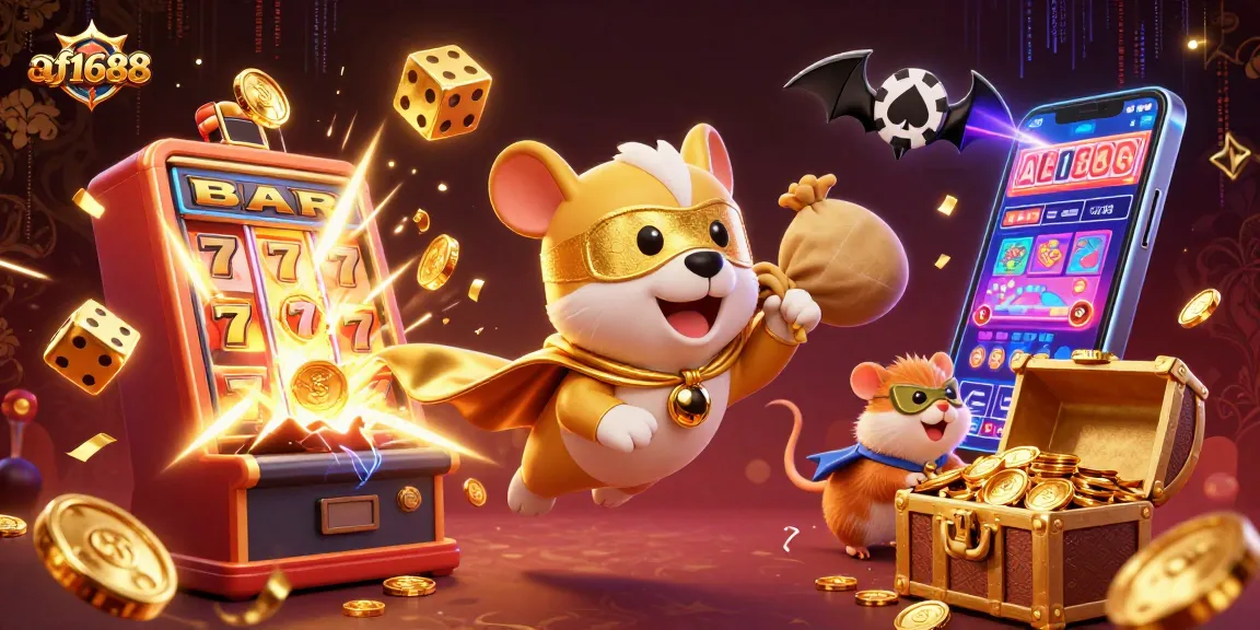 Join the excitement at af1688 with vibrant casino action showcasing winning symbols, thrilling games, and a dynamic mascot.
