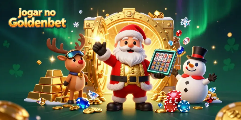 Experimente jogar no Goldenbet com o Papai Noel e amigos em uma cena de cassino vibrante.