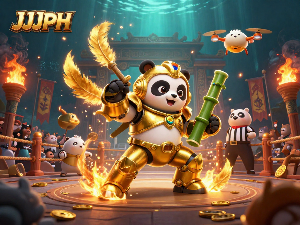 Experience thrilling action in JJJPH’s casino arena featuring a mech-suit panda and exciting game elements.