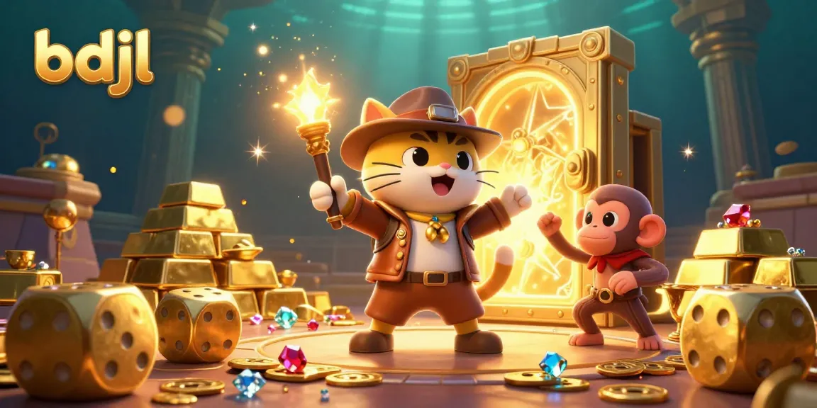 Uncover exciting casino treasures with bdjl in this vibrant 3D digital illustration depicting an explorer cat and a monkey.