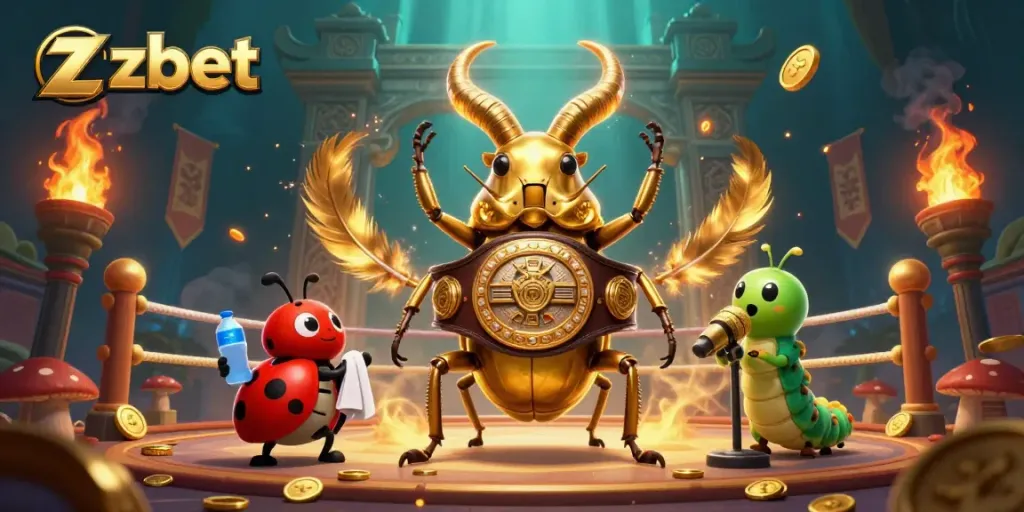 Engage in thrilling betting at zbet with a dynamic 3D scene of a boxing stag beetle and gambling elements.