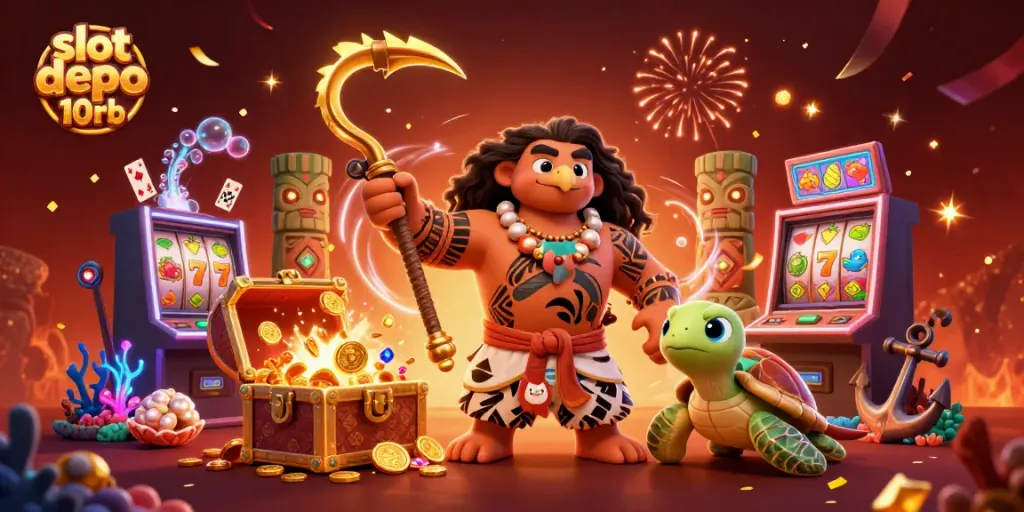 Experience excitement with slot depo 10rb, a lively casino scene featuring thrilling slot machines and vibrant characters.