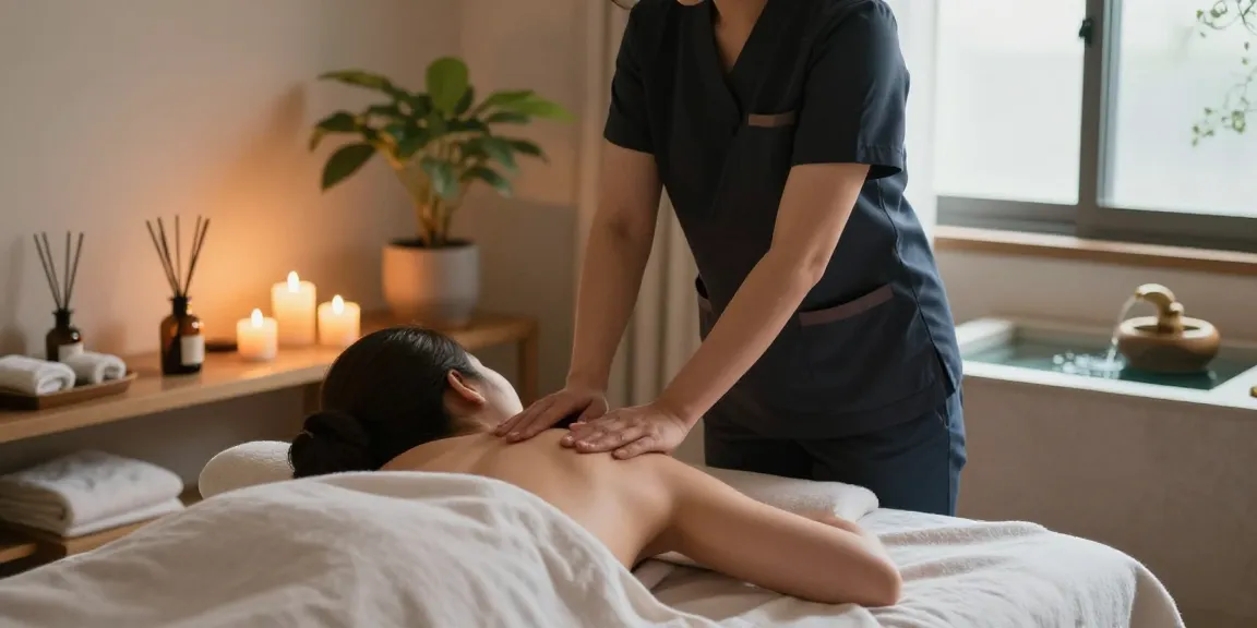 Relaxing 서울출장마사지 experience in a tranquil spa room, showcasing a therapist using warm oils, soft natural light, and calming ambiance elements.