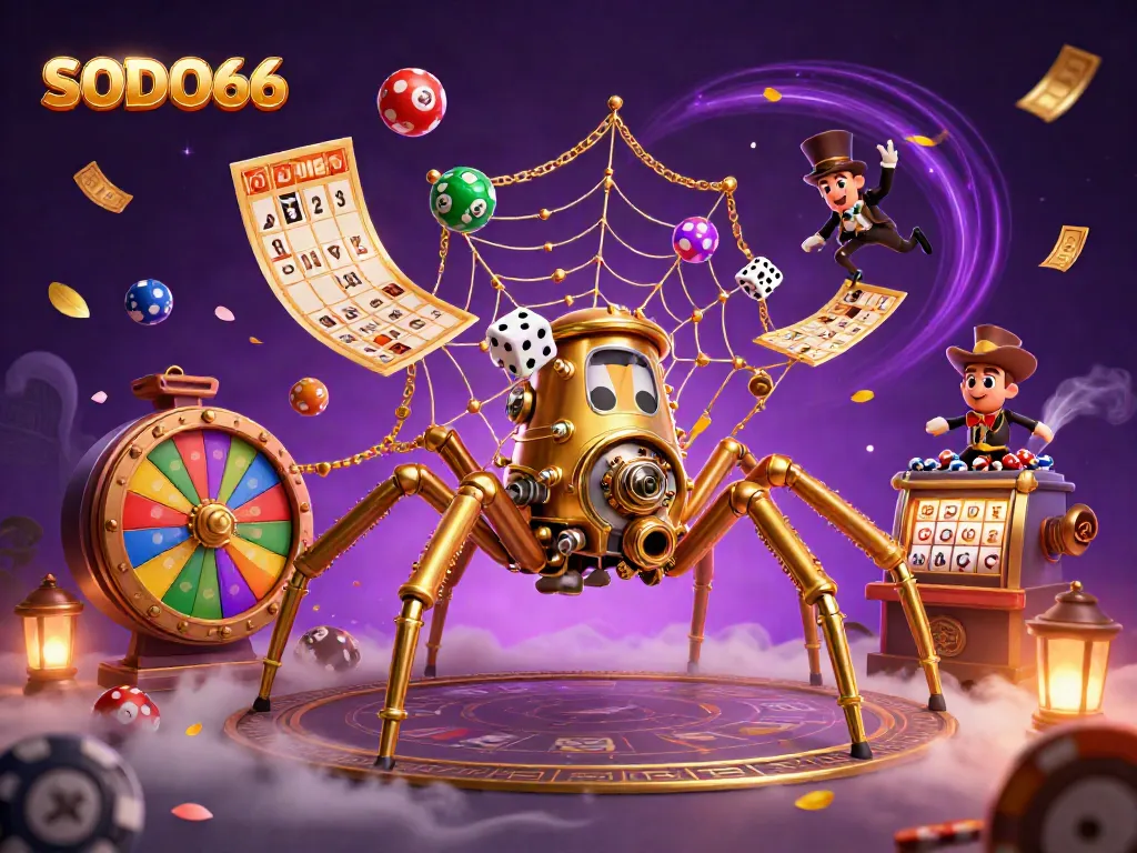 Engage in the thrilling experiences of SODO66 with a colorful 3D casino scene featuring vivid lottery elements.