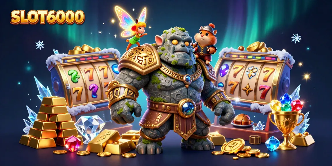 SLOT6000 gaming experience featuring a golem, fairy, and hamster knight amidst slot reels and treasure