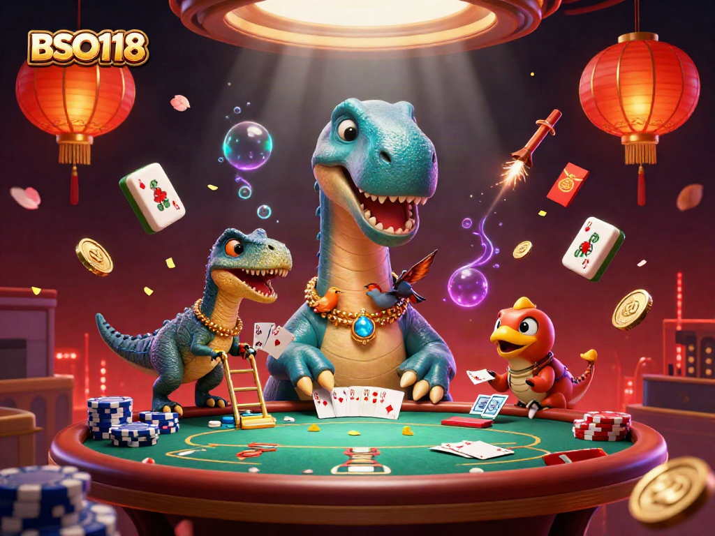 Experience thrilling poker action with BSO118's vibrant casino scene featuring a fun dinosaur