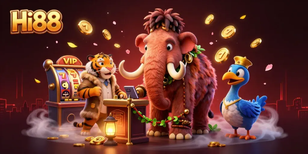Experience high-stakes gaming at Hi88 with engaging characters like a woolly mammoth bouncer and a saber-tooth guest.