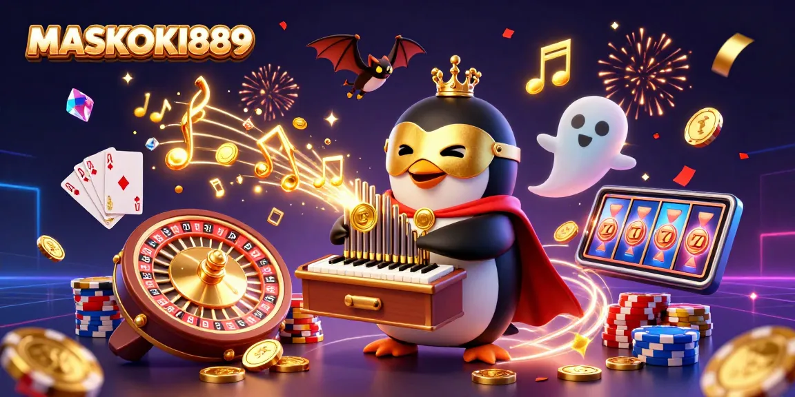 Engage with the thrilling game experience on MASKOKI889 as golden coins cascade and roulette wheels spin.