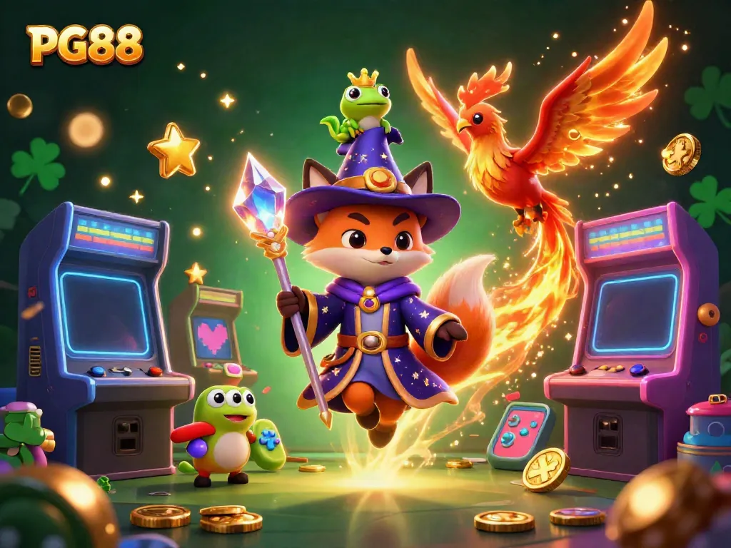 Experience PG88 with a dynamic 3D scene featuring a wizard fox, phoenix, and gaming elements.