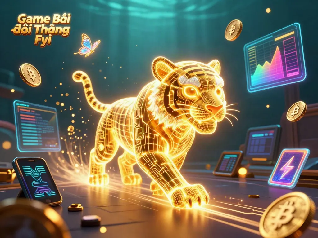 Engage with the exciting digital world of Game Bài Đổi Thưởng Fyi, featuring a neon tiger in a vibrant casino landscape.