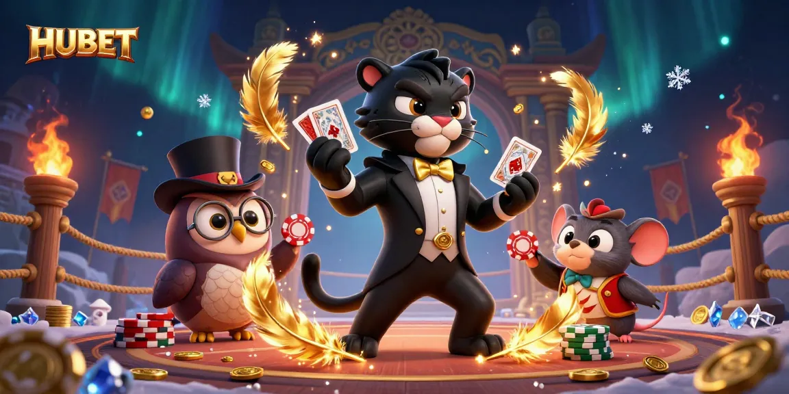 Experience thrilling card games with HUBET featuring a stylish panther dealer and charming owl in a vibrant casino.