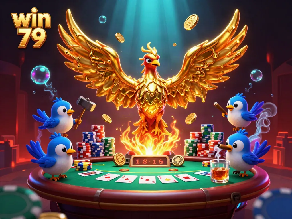 Experience the thrill of win 79 with a dynamic casino scene featuring a molten phoenix and poker elements.