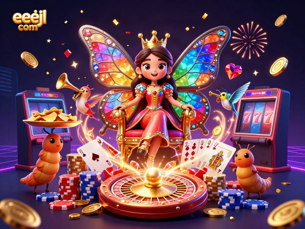 Experience the winning excitement at eejl com with dynamic gambling-themed characters and vibrant elements.