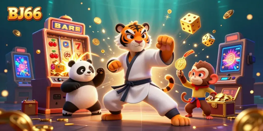 Experience thrilling gambling moments with BJ66 and an exciting 3D cartoon scene featuring a kung fu tiger, panda, and monkey in a casino.