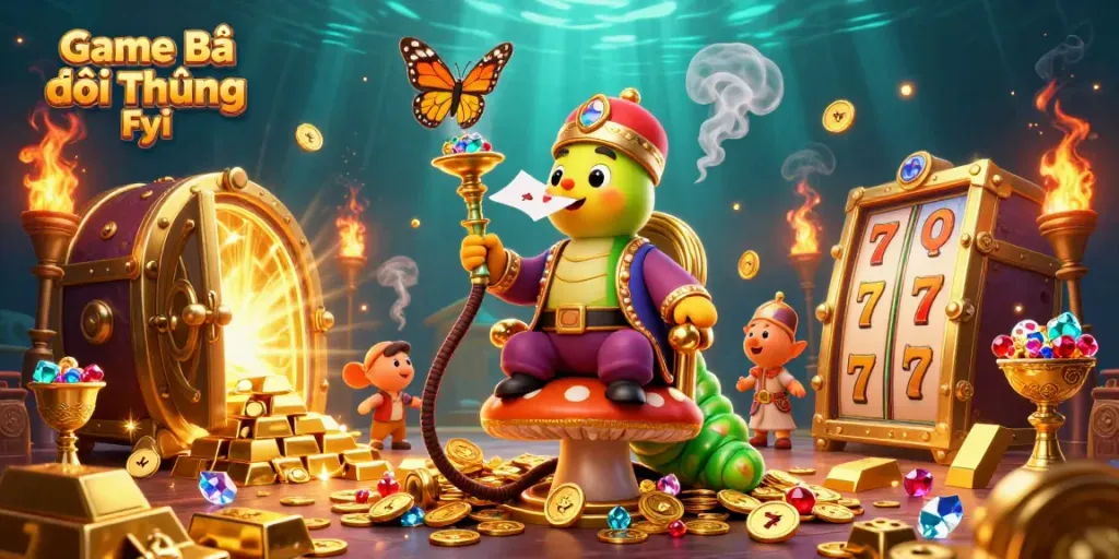 Experience the vibrant thrill of Game Bài Đổi Thưởng Fyi with rich visuals of casino treasures and playful characters.