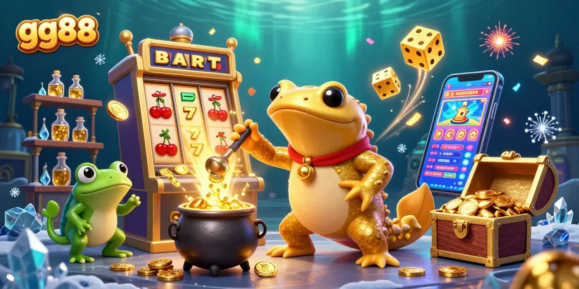 Experience the excitement of GG88 with a vibrant 3D casino illustration showcasing alchemy and gaming.