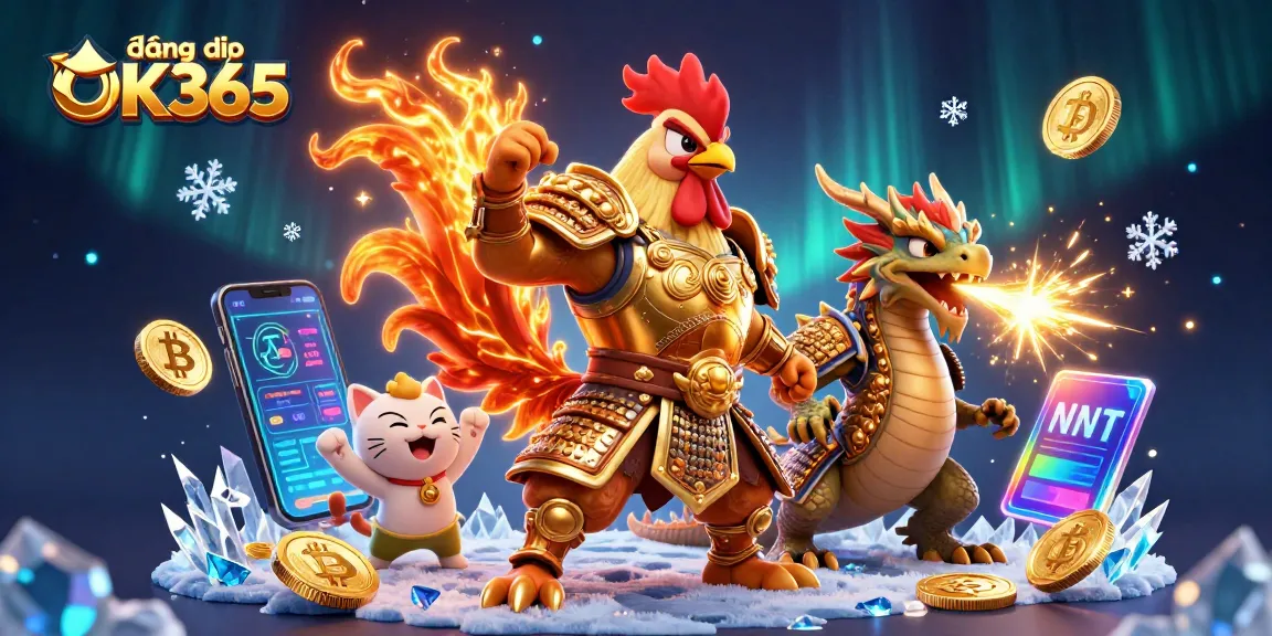 Experience the excitement of đăng nhập OK365 with a dynamic 3D casino illustration featuring unique characters.