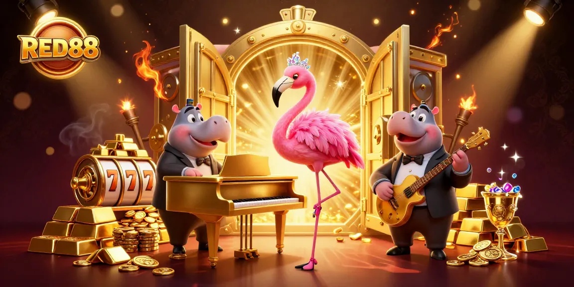 Experience the excitement of RED88 with vibrant casino characters and treasures lighting the scene.
