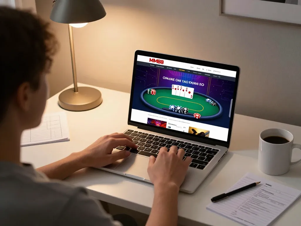 Engaging player using MM88 platform for online poker in a cozy home setting