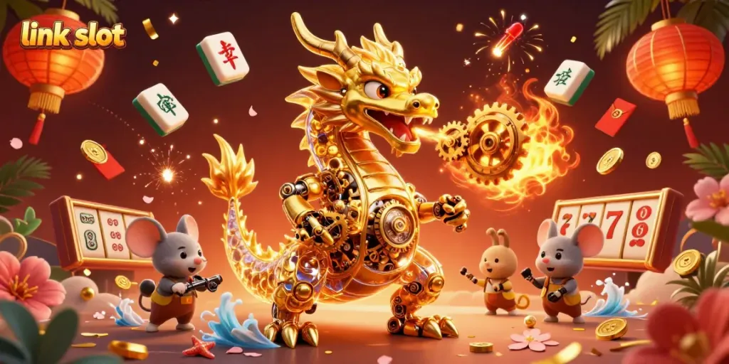 Engage with the excitement of link slot gaming featuring a mechanical dragon and dynamic casino elements