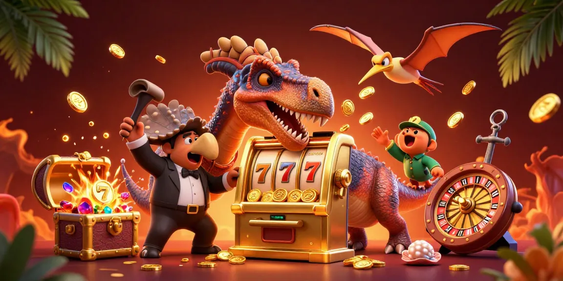 Thrilling Paradise Nail Beauty scene with jackpot slots, dinosaurs, and dynamic casino vibes.