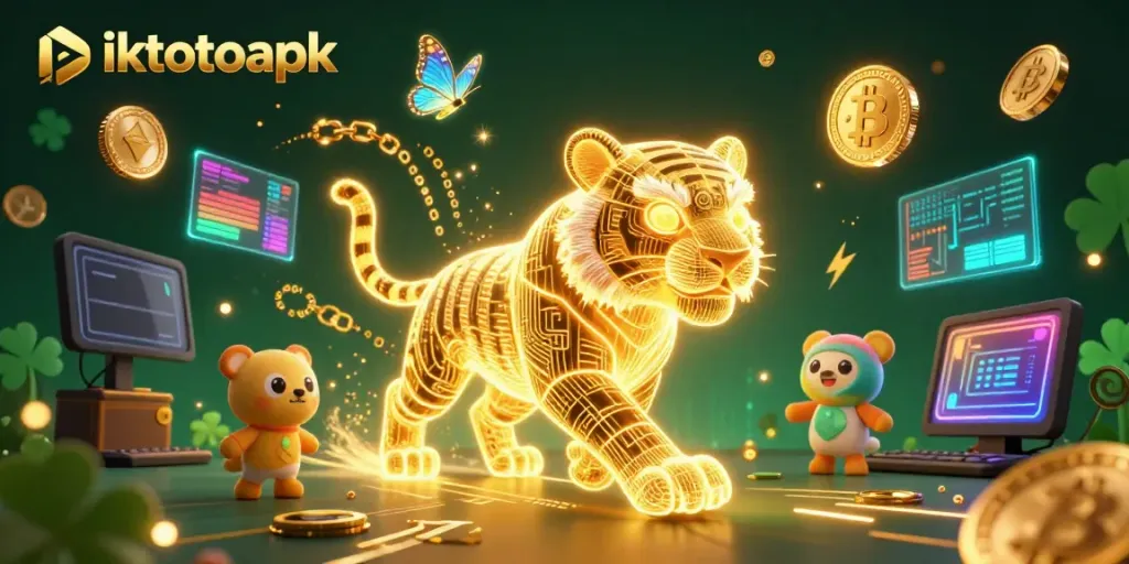 Engage with piktotoapk in this digital casino scene featuring a vibrant tiger and data butterflies.