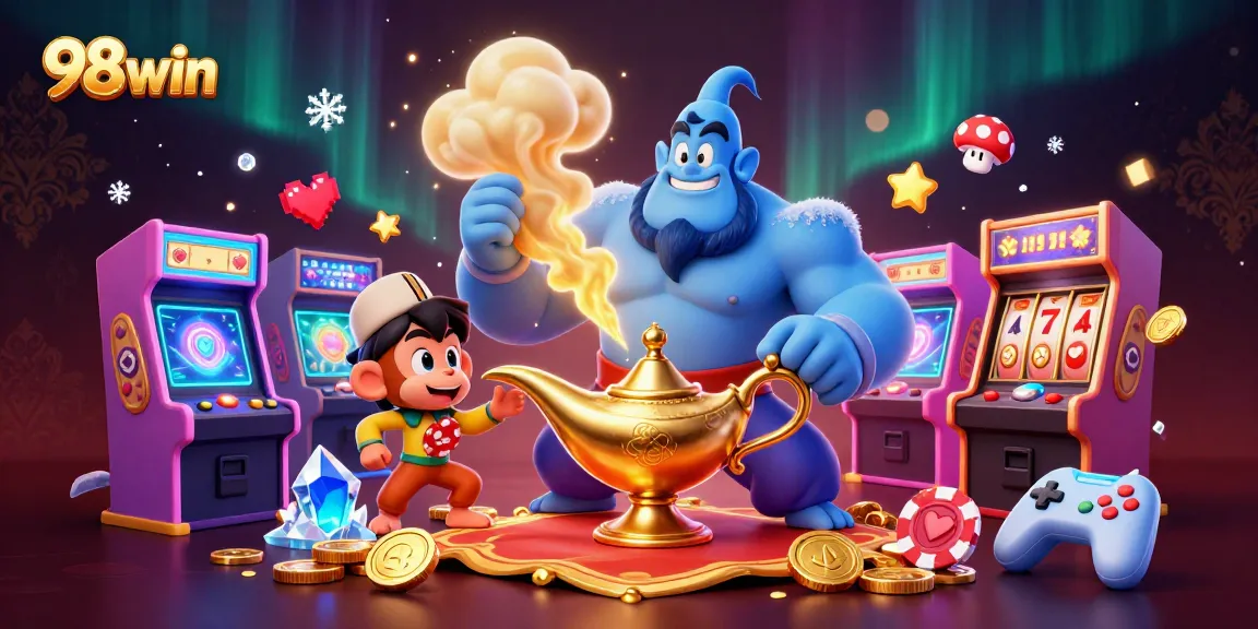 Engage with 98win's vibrant casino scene, showcasing a powerful genie, poker chips, and arcade elements.