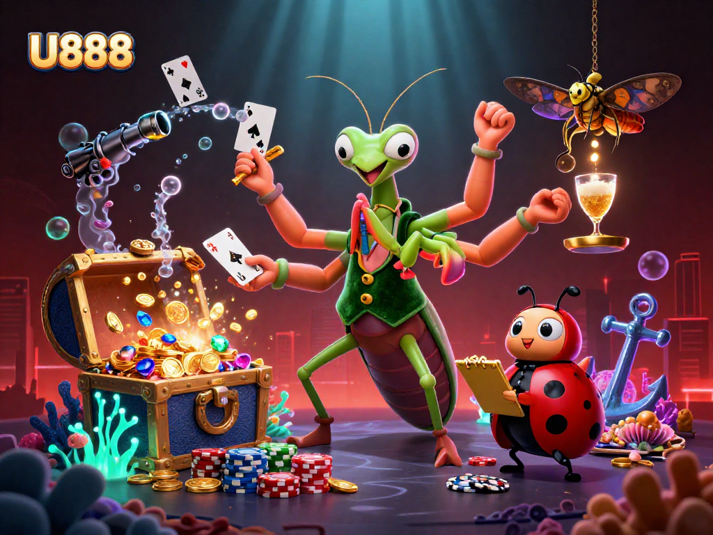 Engage in thrilling gameplay at U888 with a vibrant scene of a card game overseen by dynamic characters.