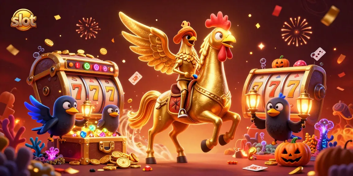 Spin the slot reels with golden rooster and spectral horse in a dynamic casino scene.