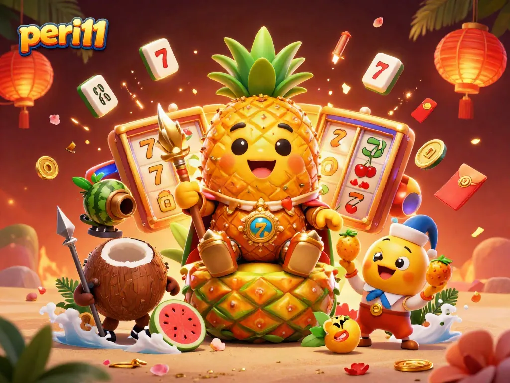 Experience thrilling gameplay at peri11 with a vibrant beach casino scene featuring a golden pineapple king and dynamic slot elements.