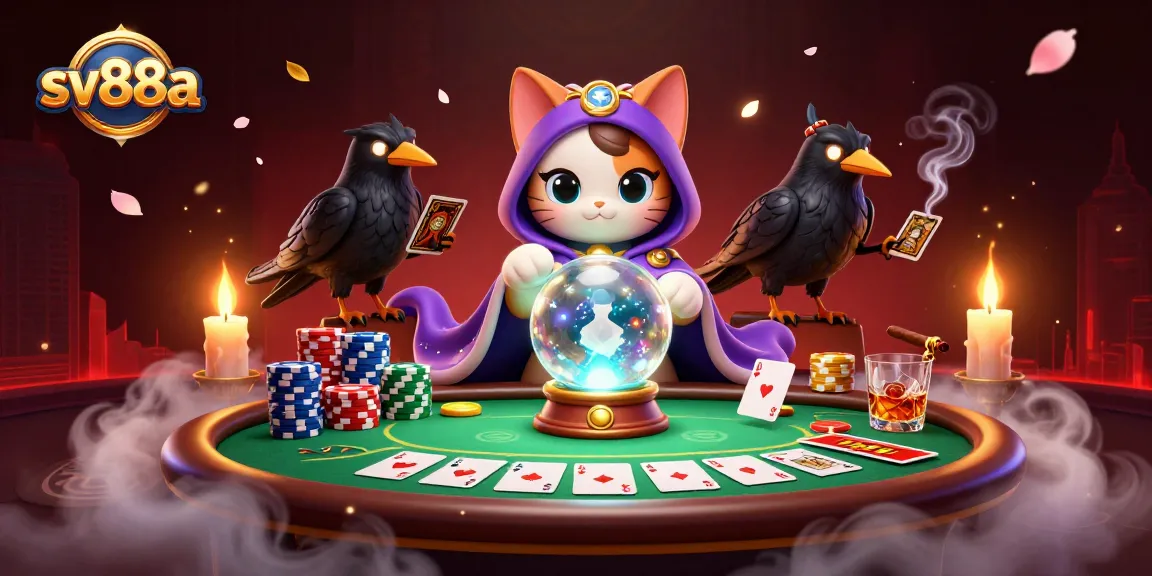 Experience sv88a's thrilling ambiance with a mystic cat and raven at a vibrant poker table.
