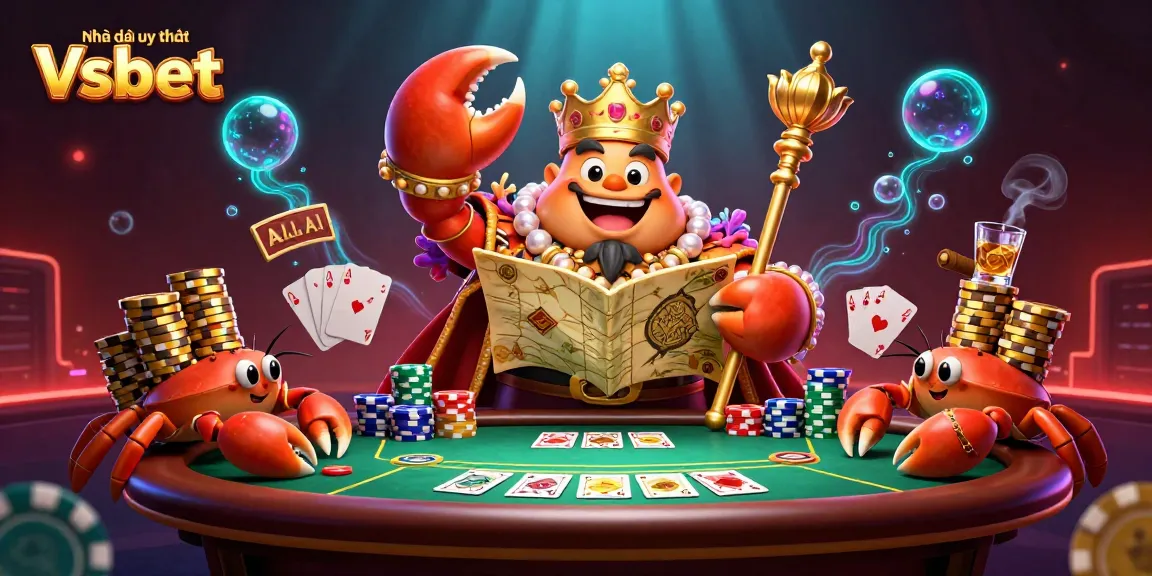 Engage in thrilling gameplay with Nhà cái uy tín Vsbet's dynamic 3D illustration showcasing a golden crab emperor in an exciting casino scene.