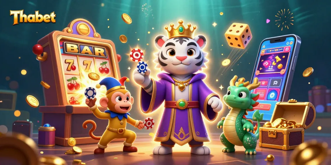 Experience thrilling gaming adventures with Thabet's 3D illustration of a royal tiger and vibrant casino elements.