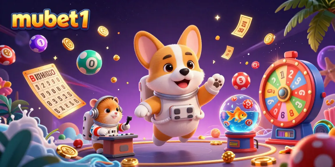 Float in fun with mubet1 as a corgi astronaught plays in a stellar casino filled with golden coins and lottery balls.