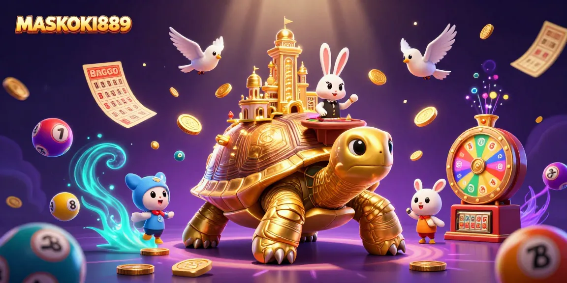 Experience vibrant gameplay with MASKOKI889's immersive casino scene featuring a golden tortoise and engaging activities.